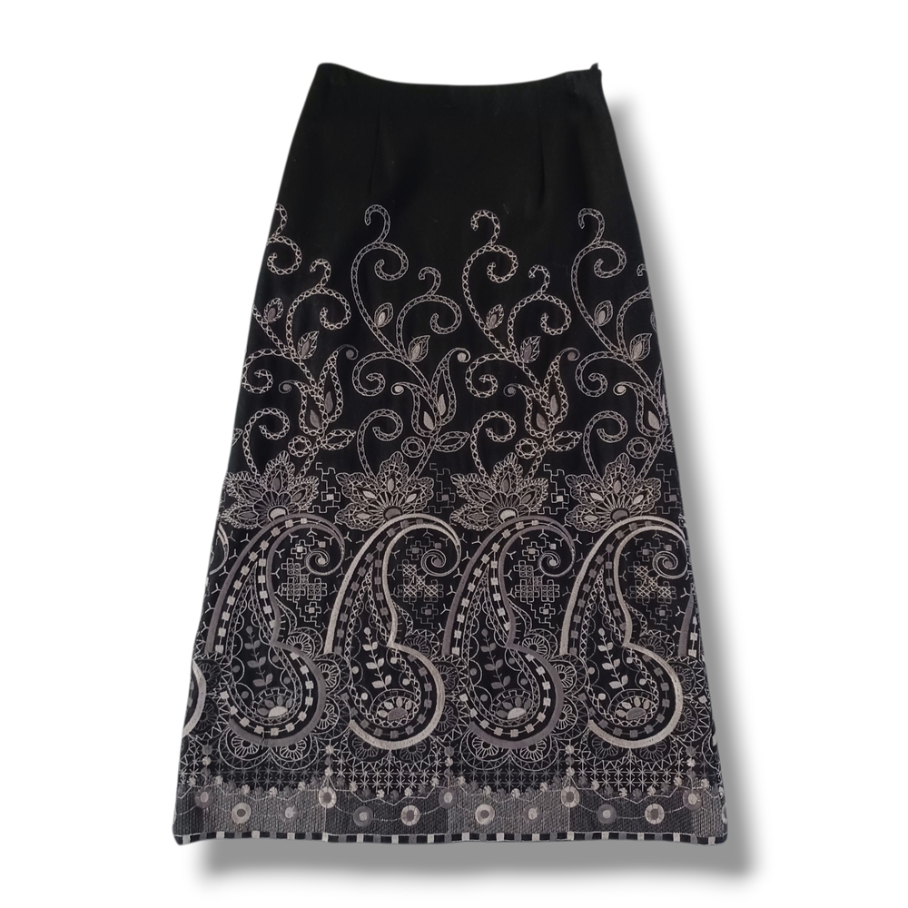 Talbots Wool Blend Maxi Skirt Black Modest Career Embroidered No Slit Size 10